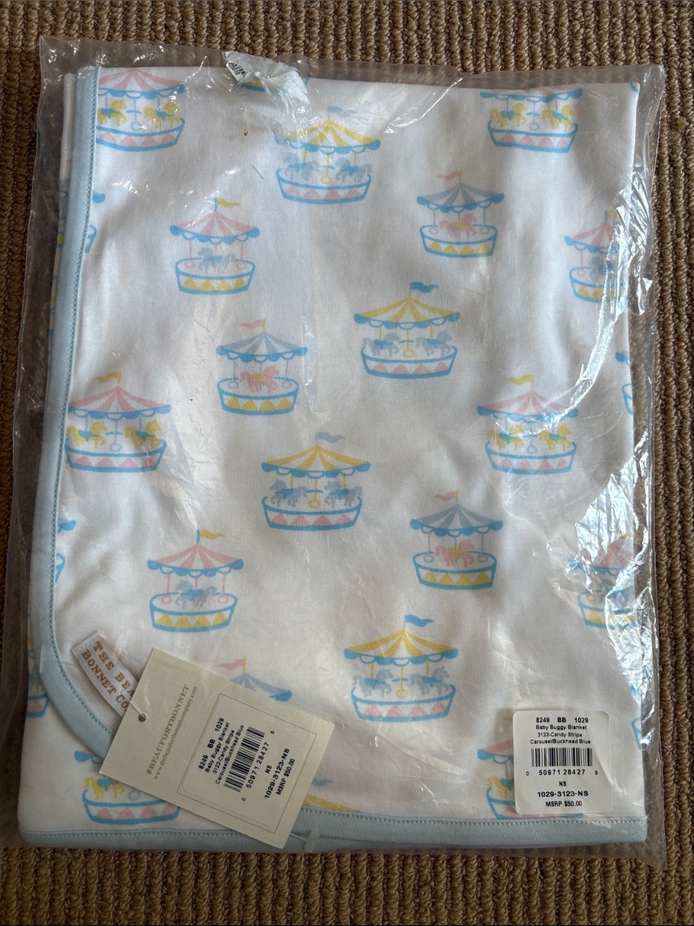 The Beaufort Bonnet Company Carousel Print Baby Blanket - Pastel Blue & Yellow